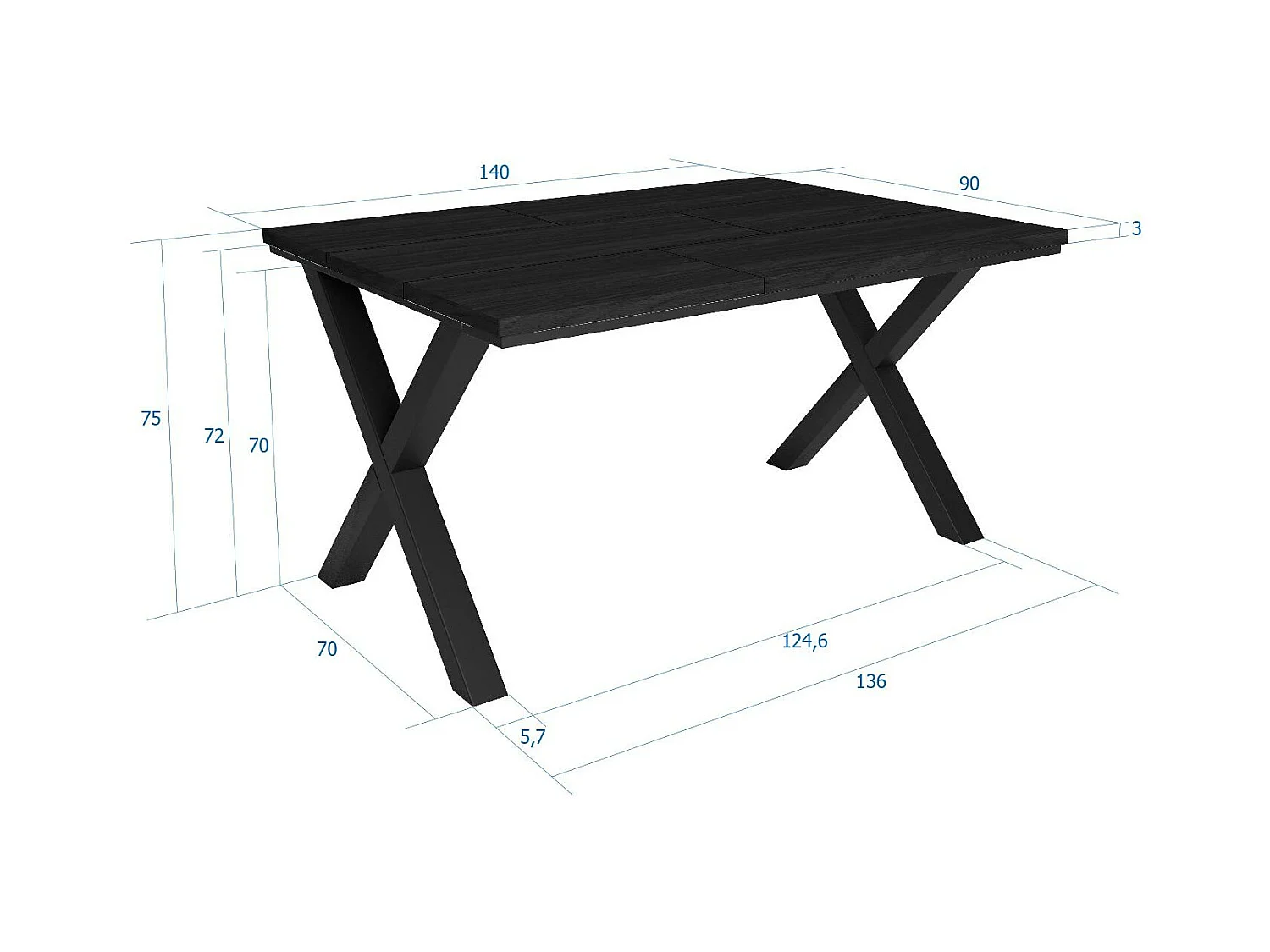 Eettafel, 6 personen, 140x90x75cm, Robuust en stabiel dankzij zijn structuur en solide poten, Zwart, Industriële stijl