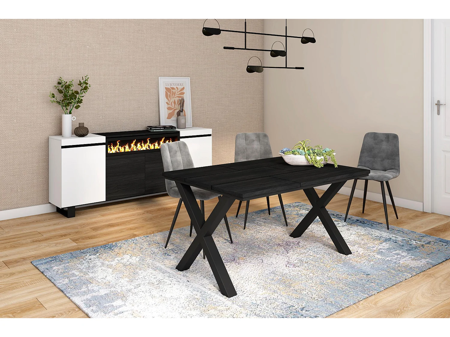 Mesa de sala de jantar, 6 pessoas, 140x90x75cm, Robusto e estável graças à sua estrutura e pernas sólidas, Preto, Estilo industrial