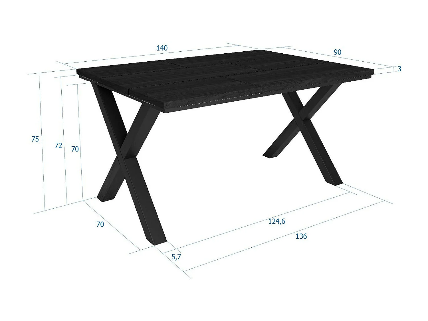 Mesa de sala de jantar, 6 pessoas, 140x90x75cm, Robusto e estável graças à sua estrutura e pernas sólidas, Preto, Estilo industrial