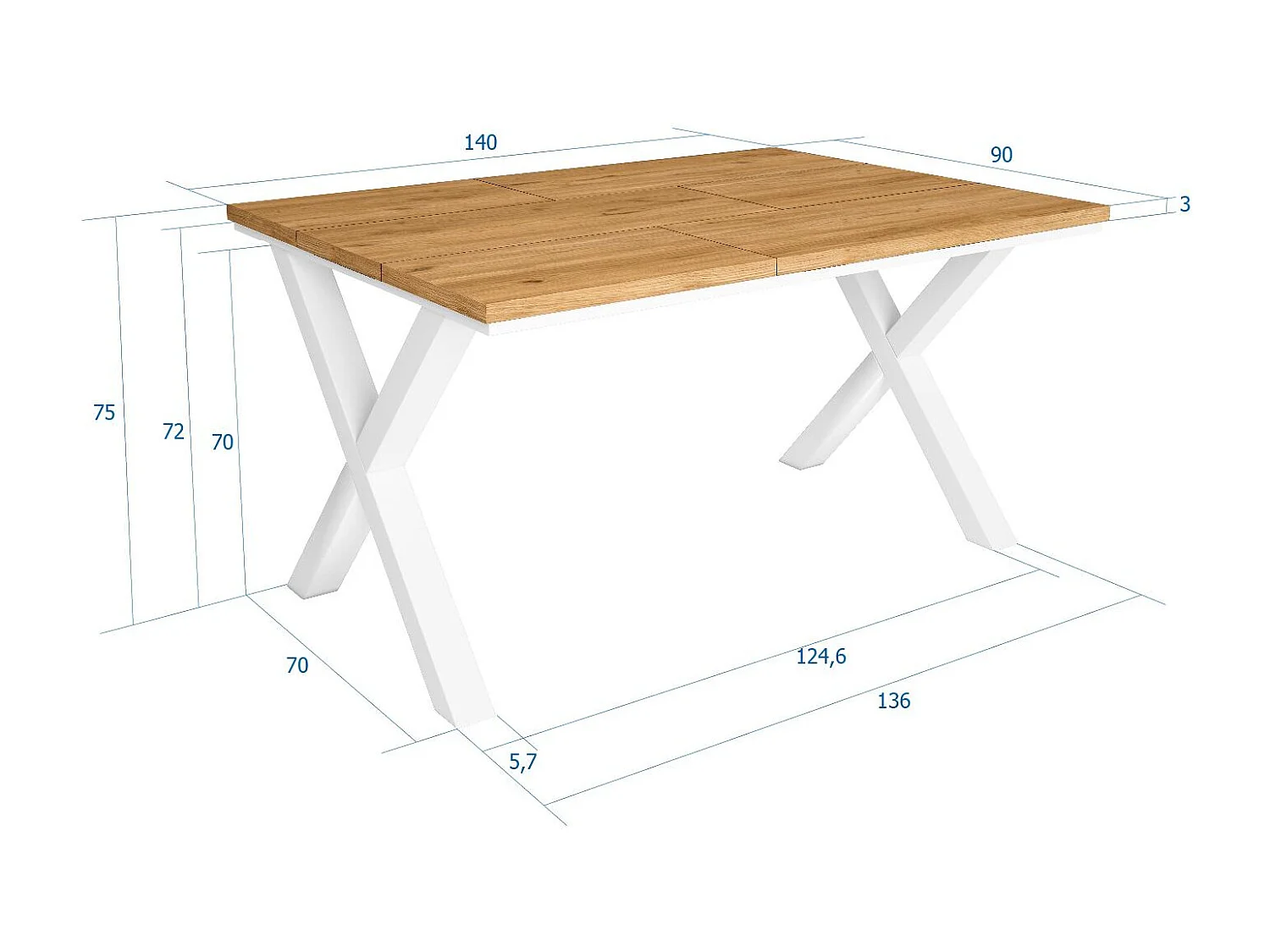 Mesa de sala de jantar, 6 pessoas, 140x90x75cm, Robusto e estável graças à sua estrutura e pernas sólidas, Carvalho, Estilo industrial