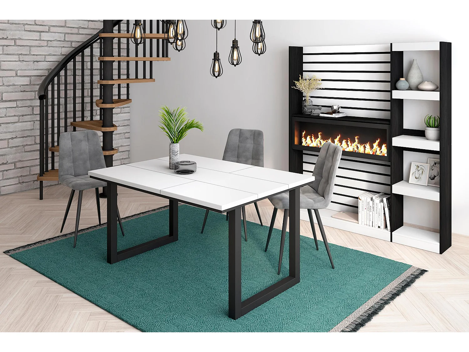 Eettafel, 6 personen, 140x90x75cm, Robuust en stabiel dankzij zijn structuur en solide poten, Wit, Industriële stijl