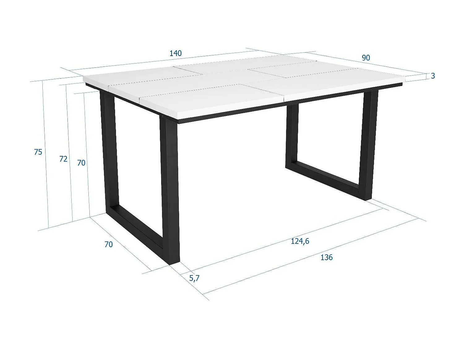 Eettafel, 6 personen, 140x90x75cm, Robuust en stabiel dankzij zijn structuur en solide poten, Wit, Industriële stijl