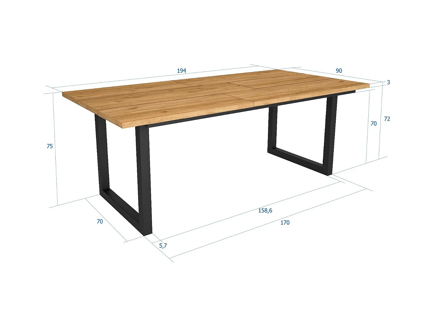 Esstische, 10 personen, 194x90x75cm, Robust und stabil dank seiner Struktur und solide Beine, Eiche, Industrielles Stil