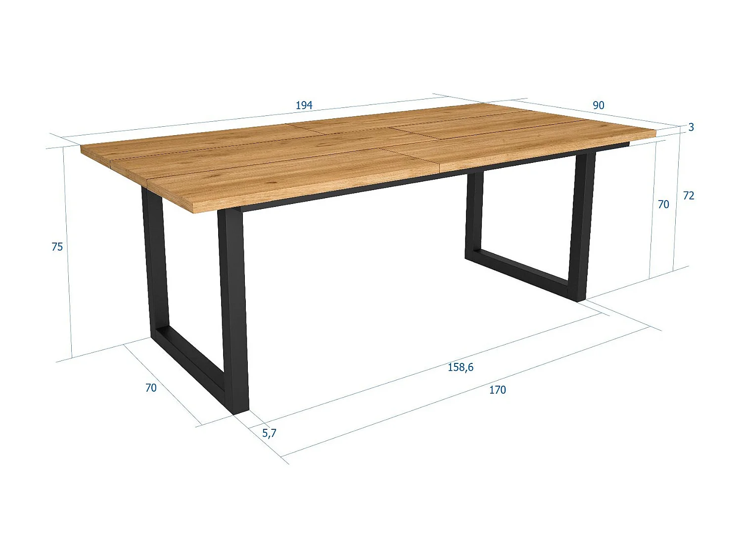 Eettafel, 10 personen, 194x90x75cm, Robuust en stabiel dankzij zijn structuur en solide poten, Eik, Industriële stijl