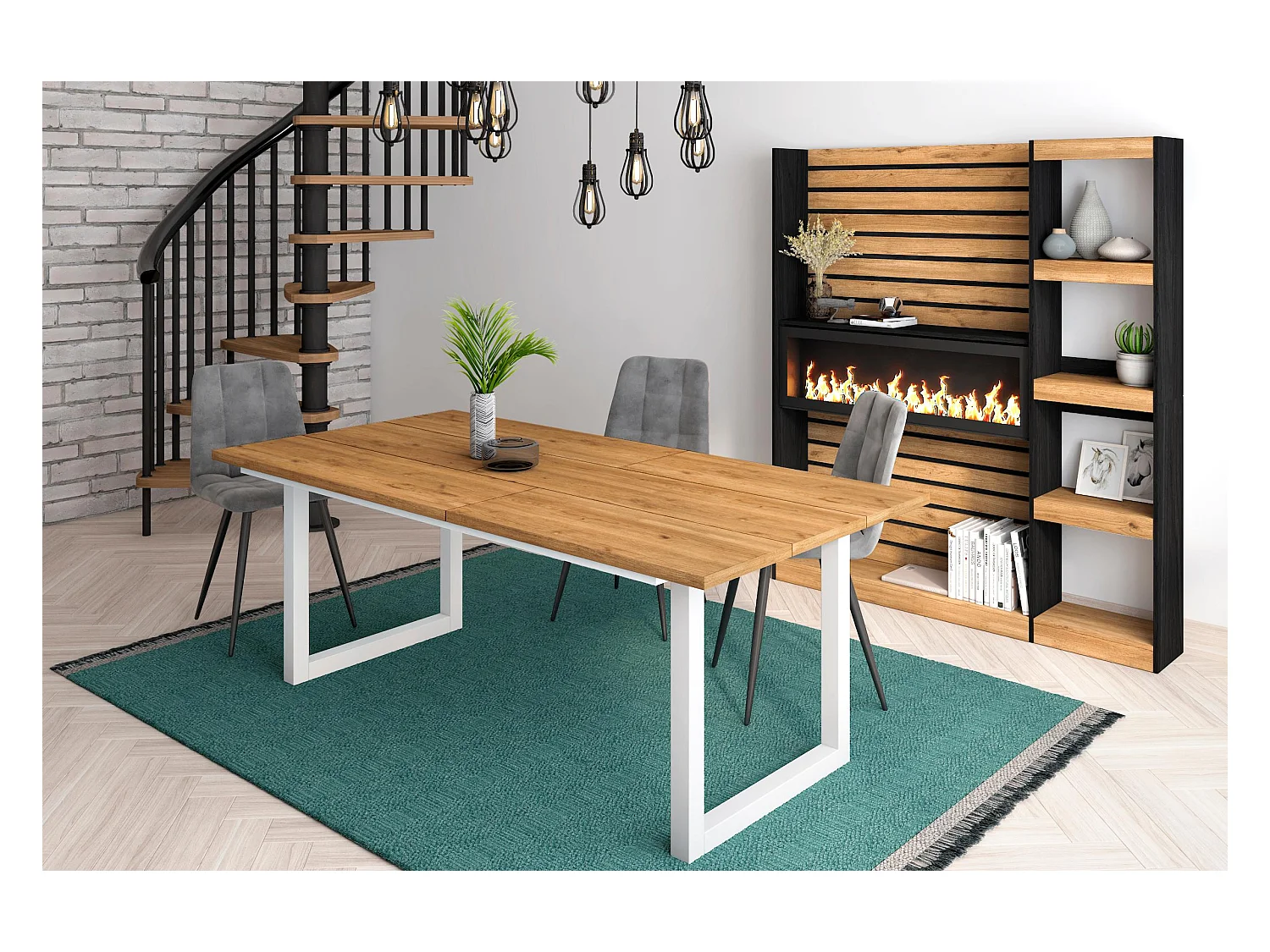 Mesa de Comedor, 10 Comensales, 194x90x75cm, Robusta y estable gracias a su estructura y patas macizas, Roble, Estilo Industrial