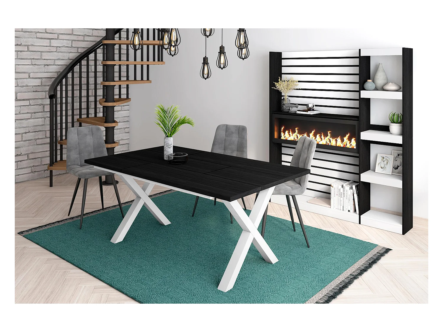 Table à manger, 8 personnes, 167x90x75cm, Robuste et stable grâce à sa structure et aux pieds solides, Noir, Style industriel