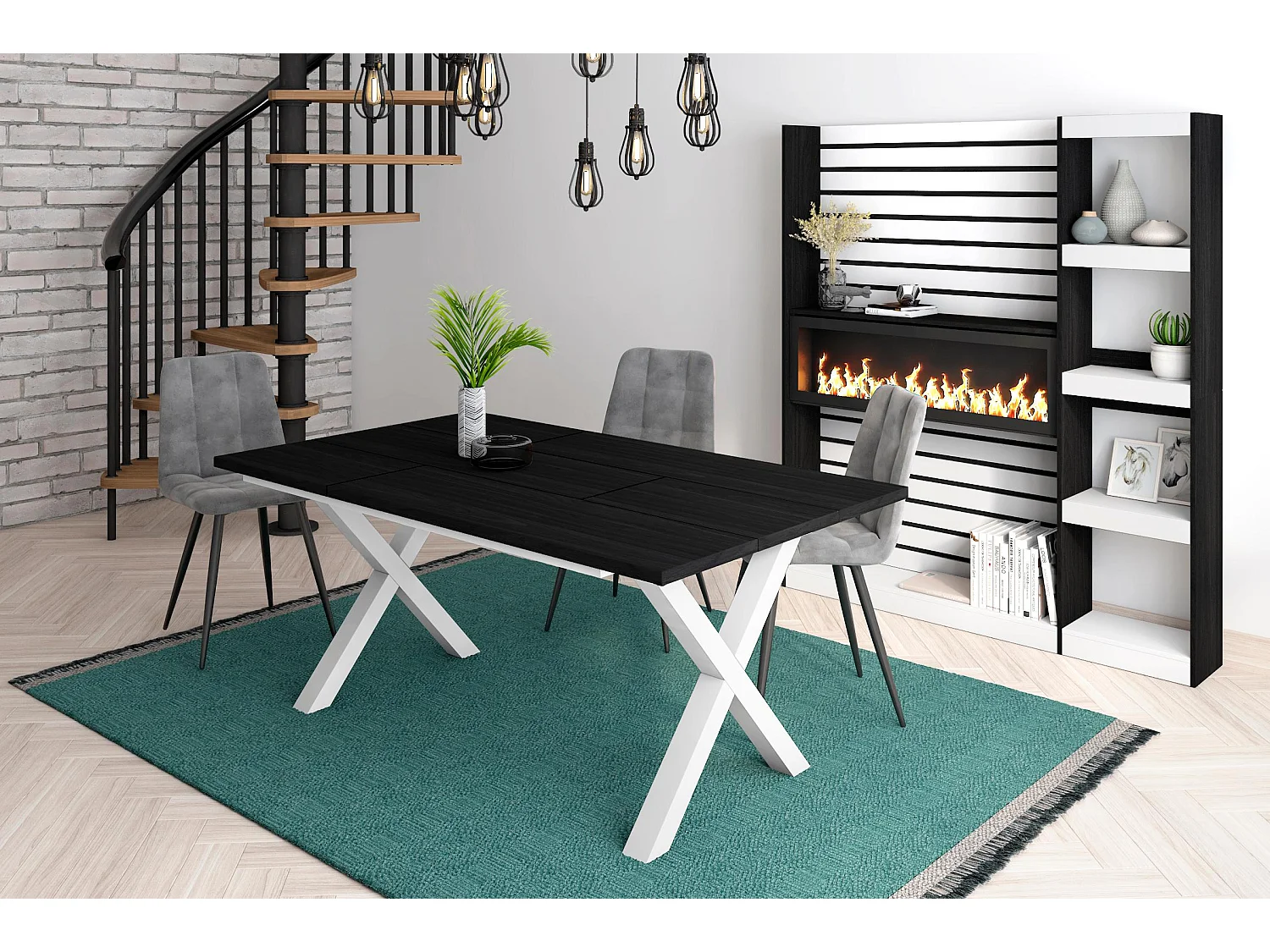 Table à manger, 8 personnes, 167x90x75cm, Robuste et stable grâce à sa structure et aux pieds solides, Noir, Style industriel