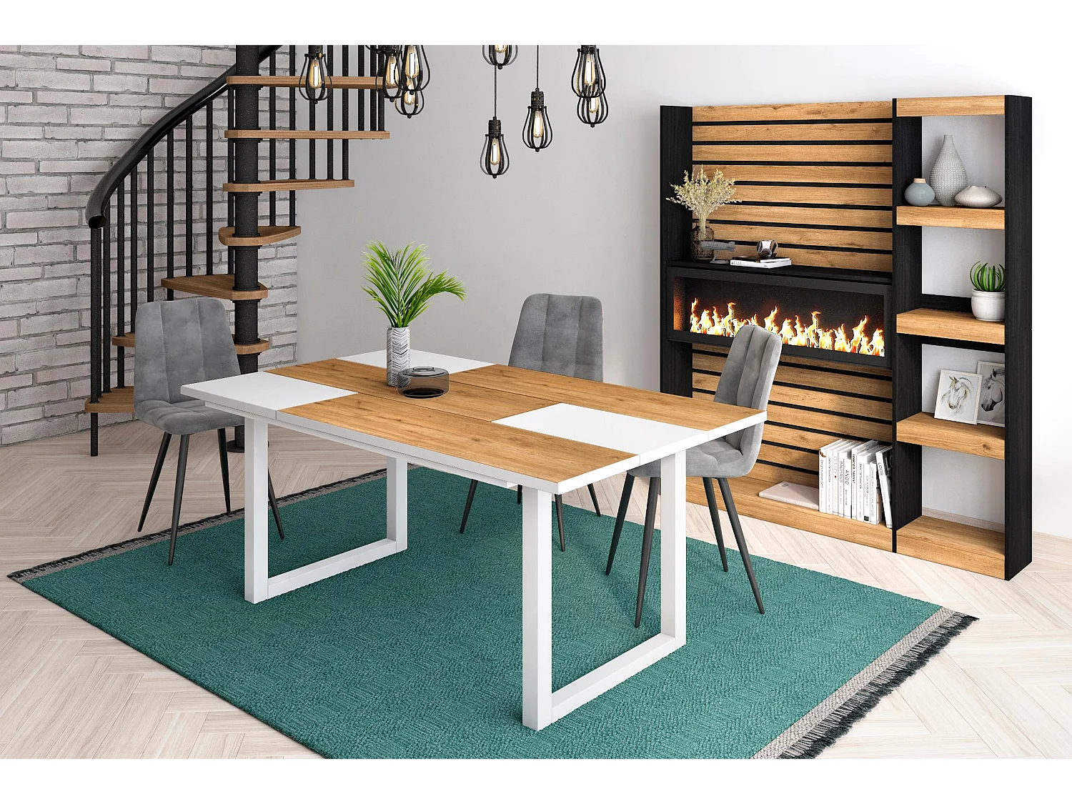 Table à manger, 8 personnes, 167x90x75cm, Robuste et stable grâce à sa structure et aux pieds solides, Chêne et blanc, Style industriel