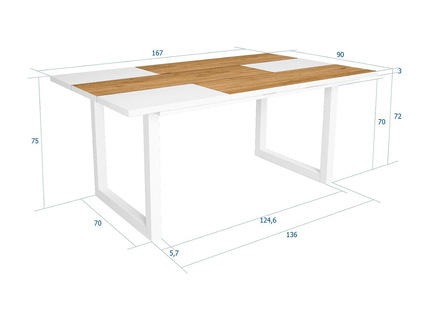 Table à manger, 8 personnes, 167x90x75cm, Robuste et stable grâce à sa structure et aux pieds solides, Chêne et blanc, Style industriel