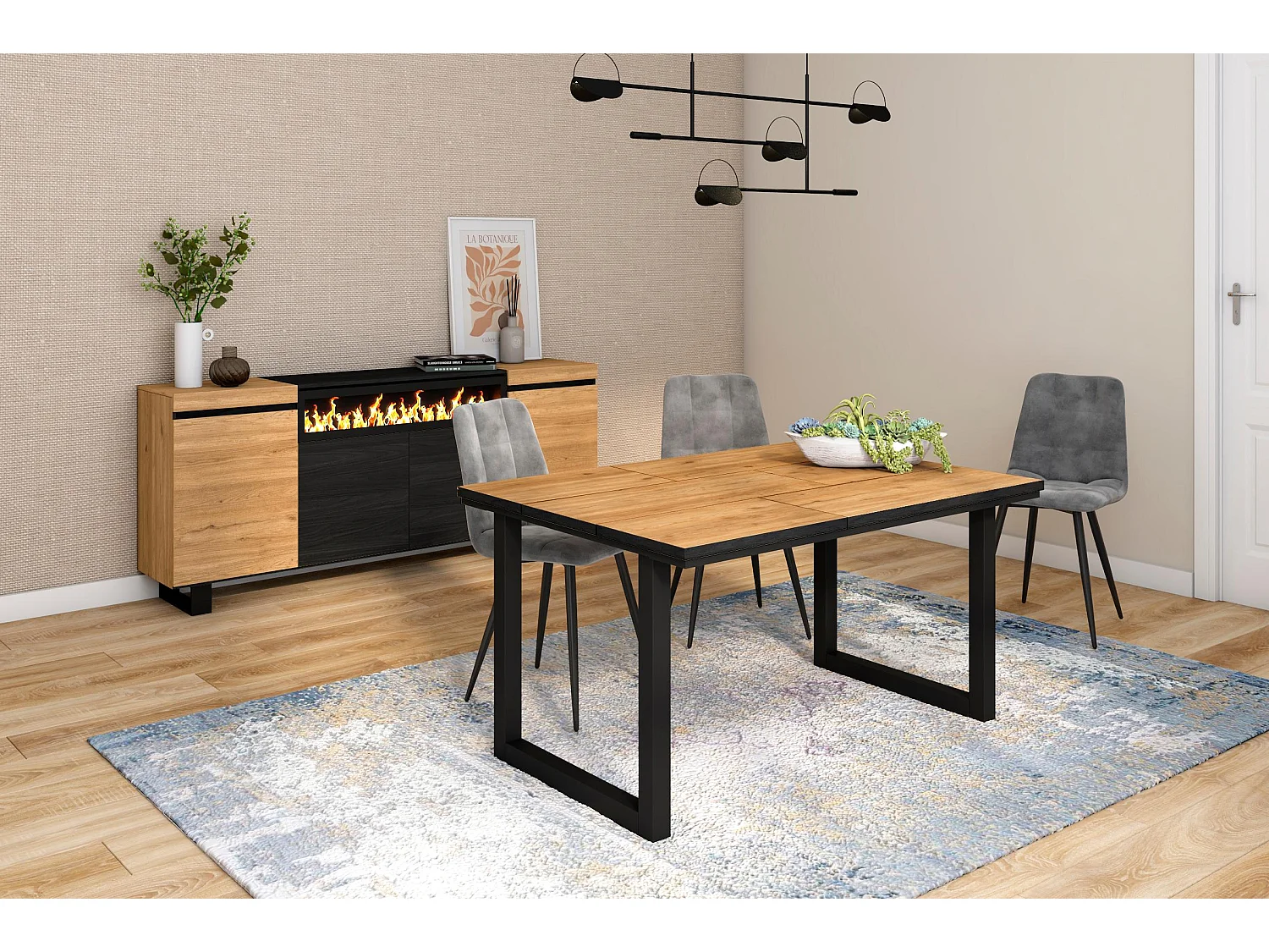 Eettafel, 6 personen, 140x90x75cm, Robuust en stabiel dankzij zijn structuur en solide poten, Eiken en zwarte , Industriële stijl