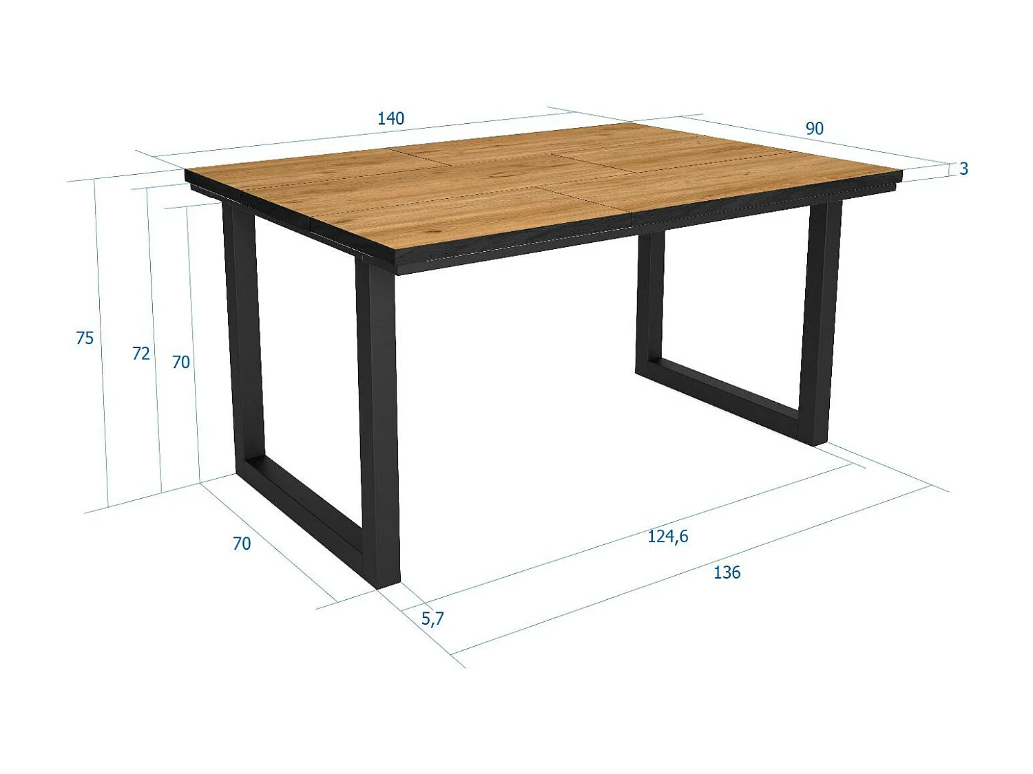 Eettafel, 6 personen, 140x90x75cm, Robuust en stabiel dankzij zijn structuur en solide poten, Eiken en zwarte , Industriële stijl