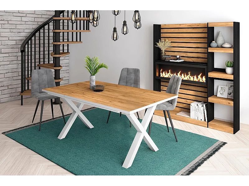 Eettafel, 8 personen, 167x90x75cm, Robuust en stabiel dankzij zijn structuur en solide poten, Eiken en witte , Industriële stijl