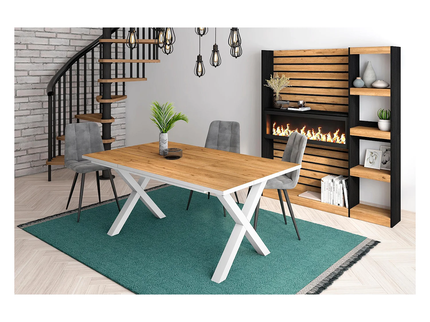 Eettafel, 8 personen, 167x90x75cm, Robuust en stabiel dankzij zijn structuur en solide poten, Eiken en witte , Industriële stijl