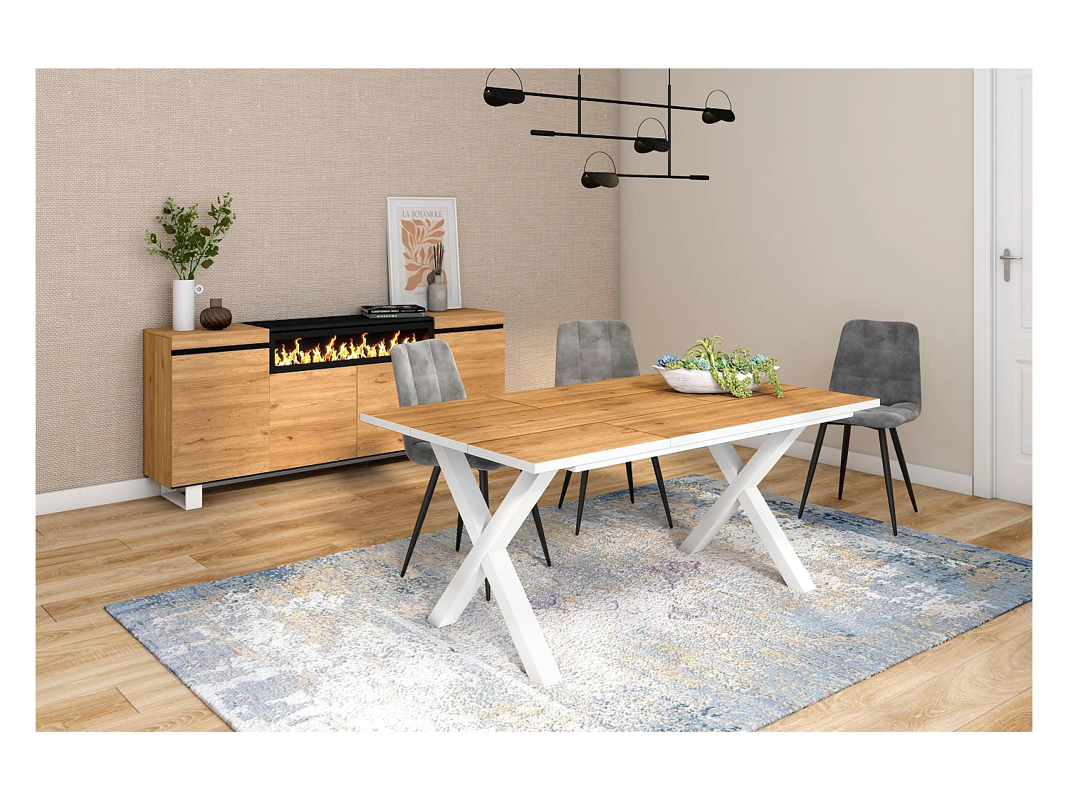 Eettafel, 8 personen, 167x90x75cm, Robuust en stabiel dankzij zijn structuur en solide poten, Eiken en witte , Industriële stijl