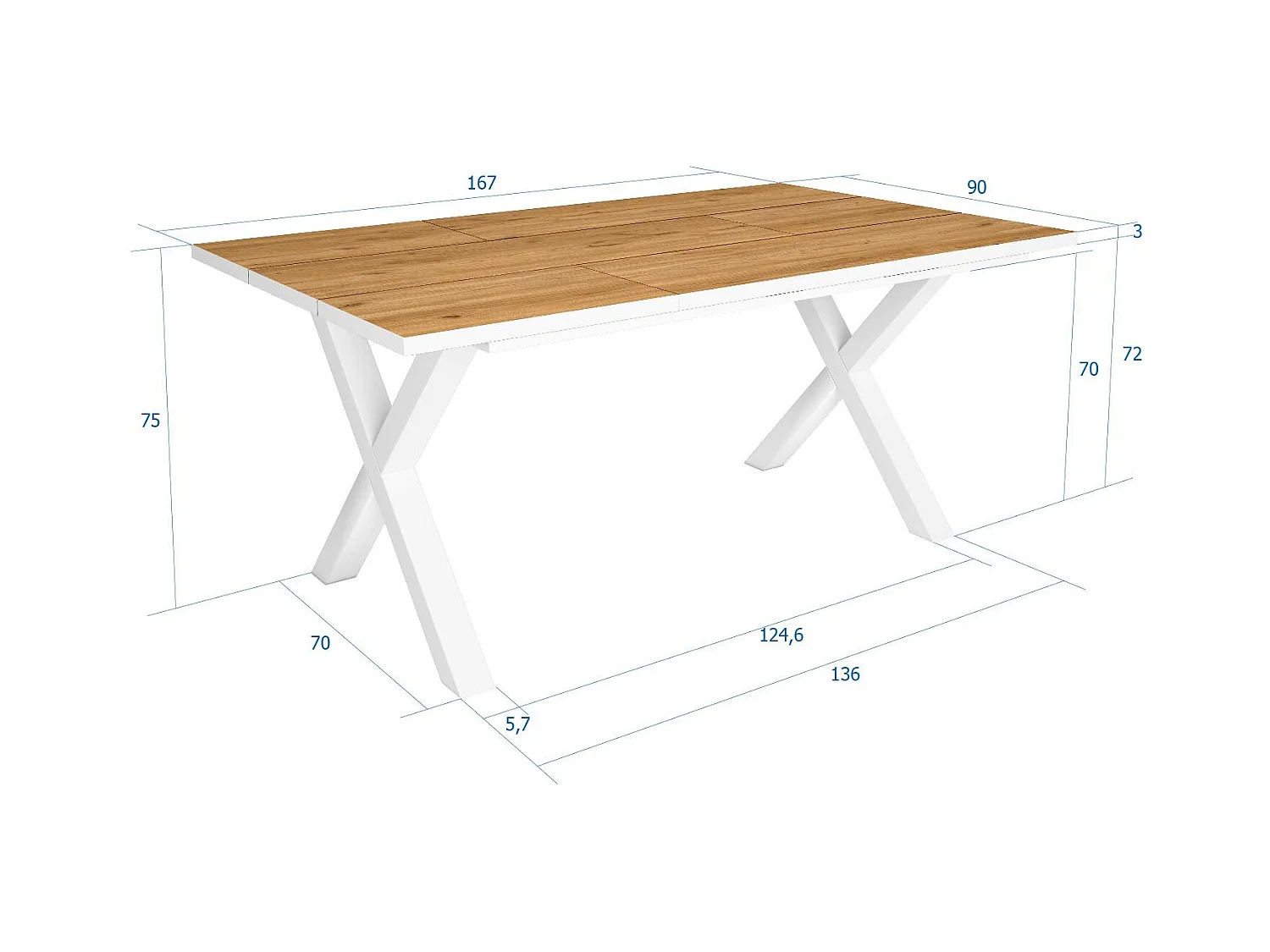 Eettafel, 8 personen, 167x90x75cm, Robuust en stabiel dankzij zijn structuur en solide poten, Eiken en witte , Industriële stijl