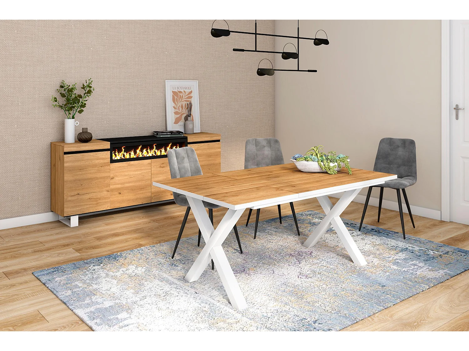 Table à manger, 8 personnes, 167x90x75cm, Robuste et stable grâce à sa structure et aux pieds solides,  Chêne et blanc, industriel