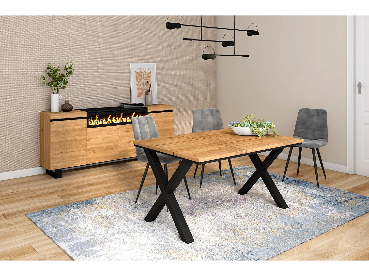 Mesa de Comedor, 6 Comensales, 140x90x75cm, Robusta y estable gracias a su estructura y patas macizas, Roble, Estilo Industrial