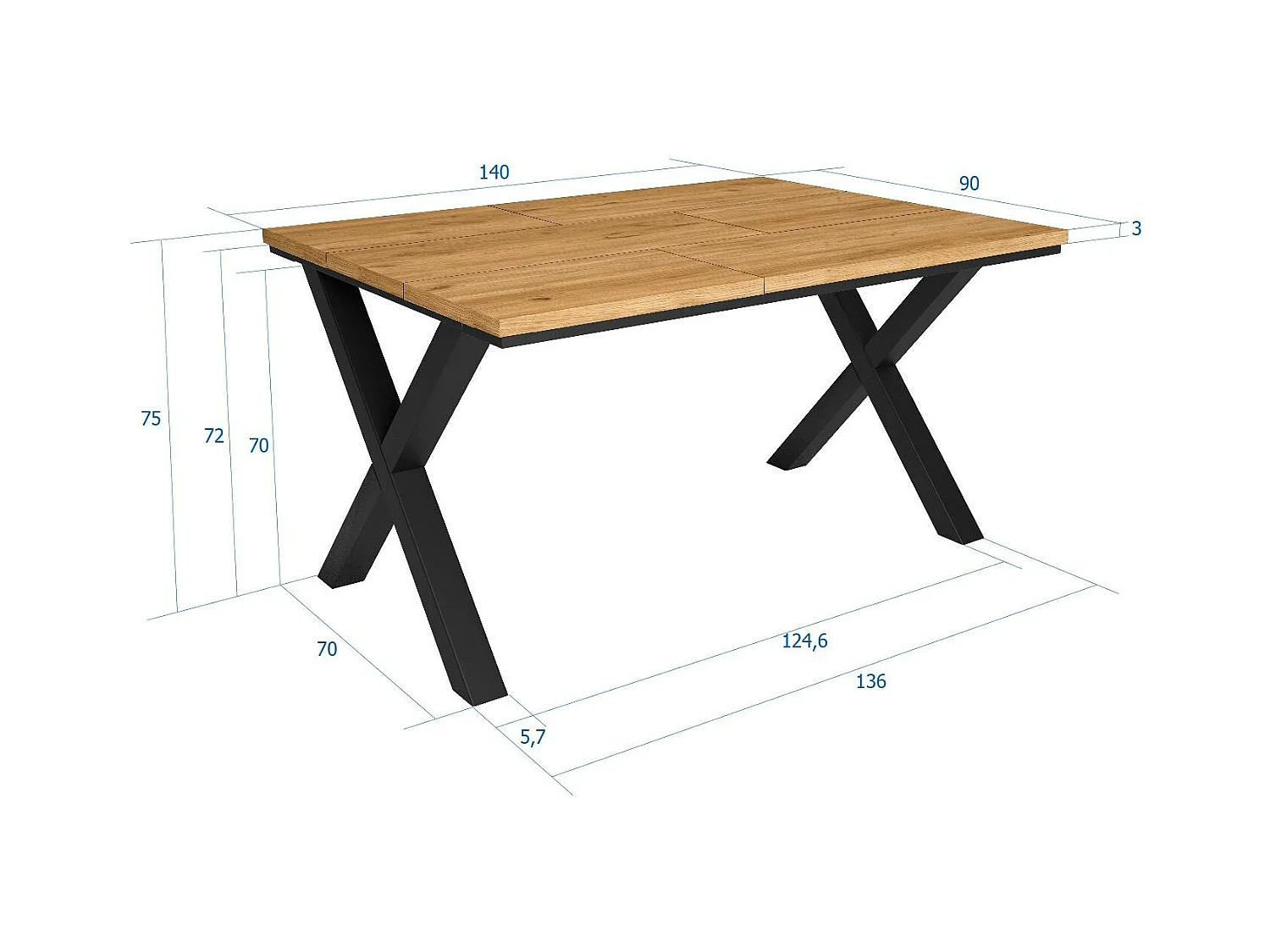 Mesa de Comedor, 6 Comensales, 140x90x75cm, Robusta y estable gracias a su estructura y patas macizas, Roble, Estilo Industrial