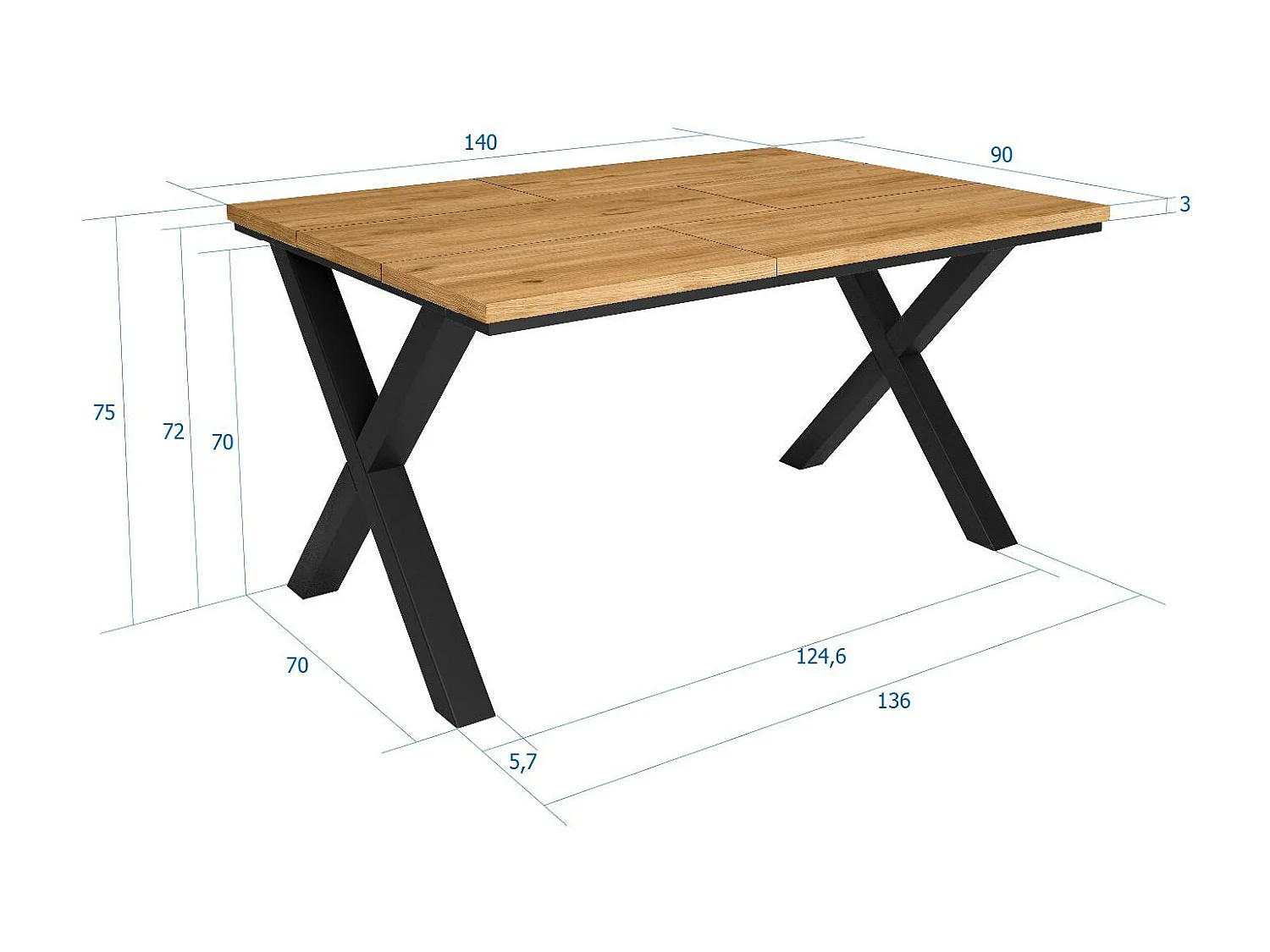 Table à manger, 6 personnes, 140x90x75cm, Robuste et stable grâce à sa structure et aux pieds solides, Chêne, Style industriel