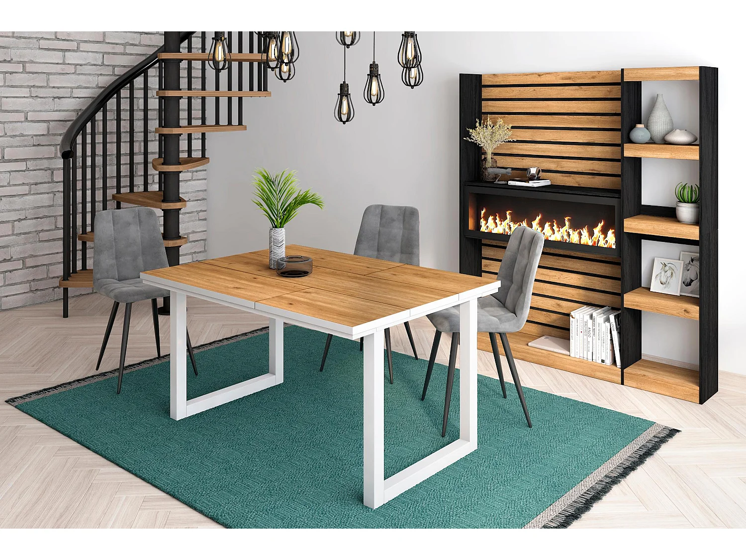 Mesa de Comedor, 6 Comensales, 140, Robusta y estable gracias a su estructura y patas macizas, Roble y Borde blanco, Industrial