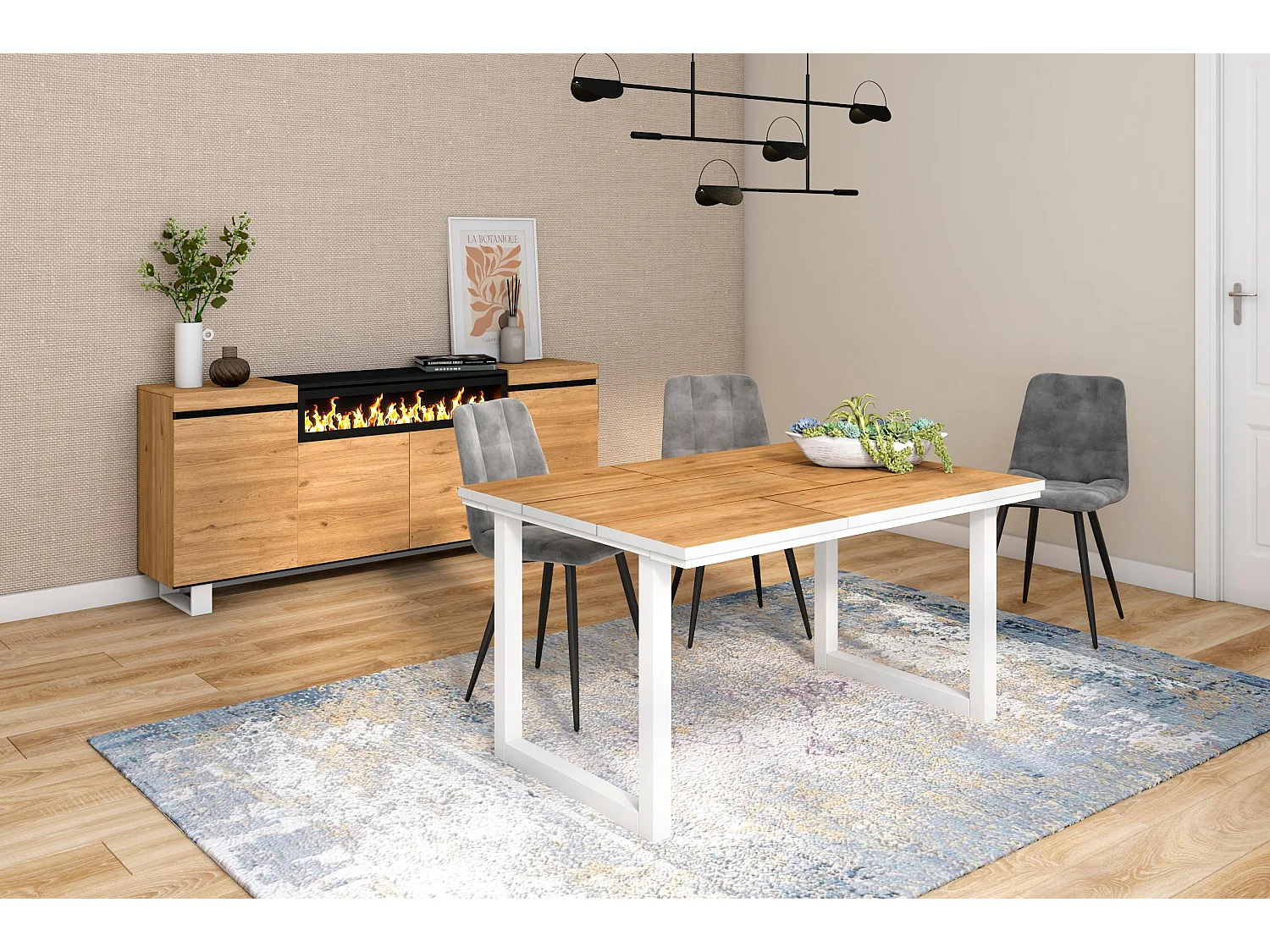 Mesa de Comedor, 6 Comensales, 140, Robusta y estable gracias a su estructura y patas macizas, Roble y Borde blanco, Industrial