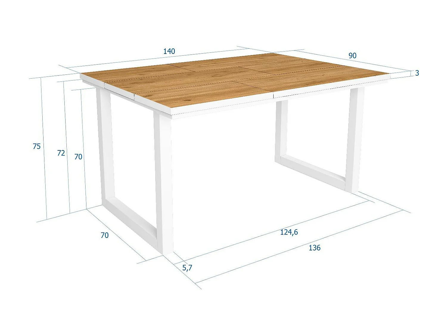 Mesa de Comedor, 6 Comensales, 140, Robusta y estable gracias a su estructura y patas macizas, Roble y Borde blanco, Industrial