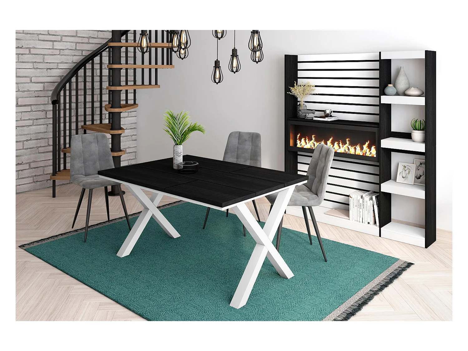 Eettafel, 6 personen, 140x90x75cm, Robuust en stabiel dankzij zijn structuur en solide poten, Zwart, Industriële stijl