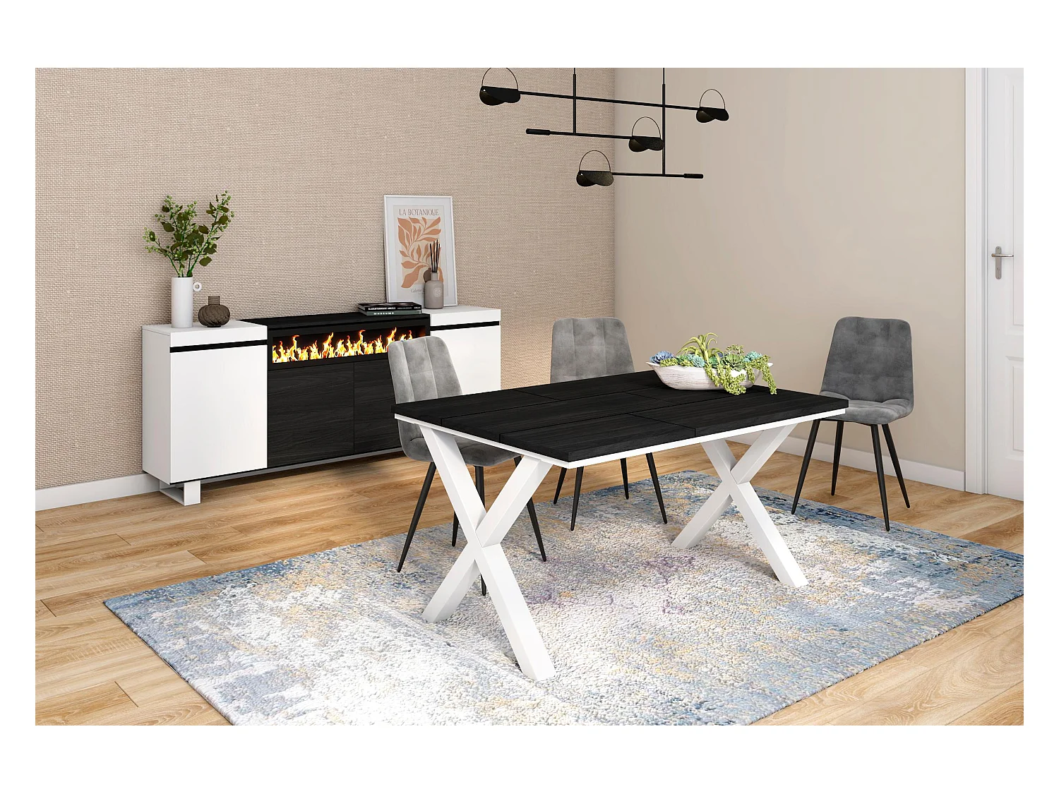 Eettafel, 6 personen, 140x90x75cm, Robuust en stabiel dankzij zijn structuur en solide poten, Zwart, Industriële stijl