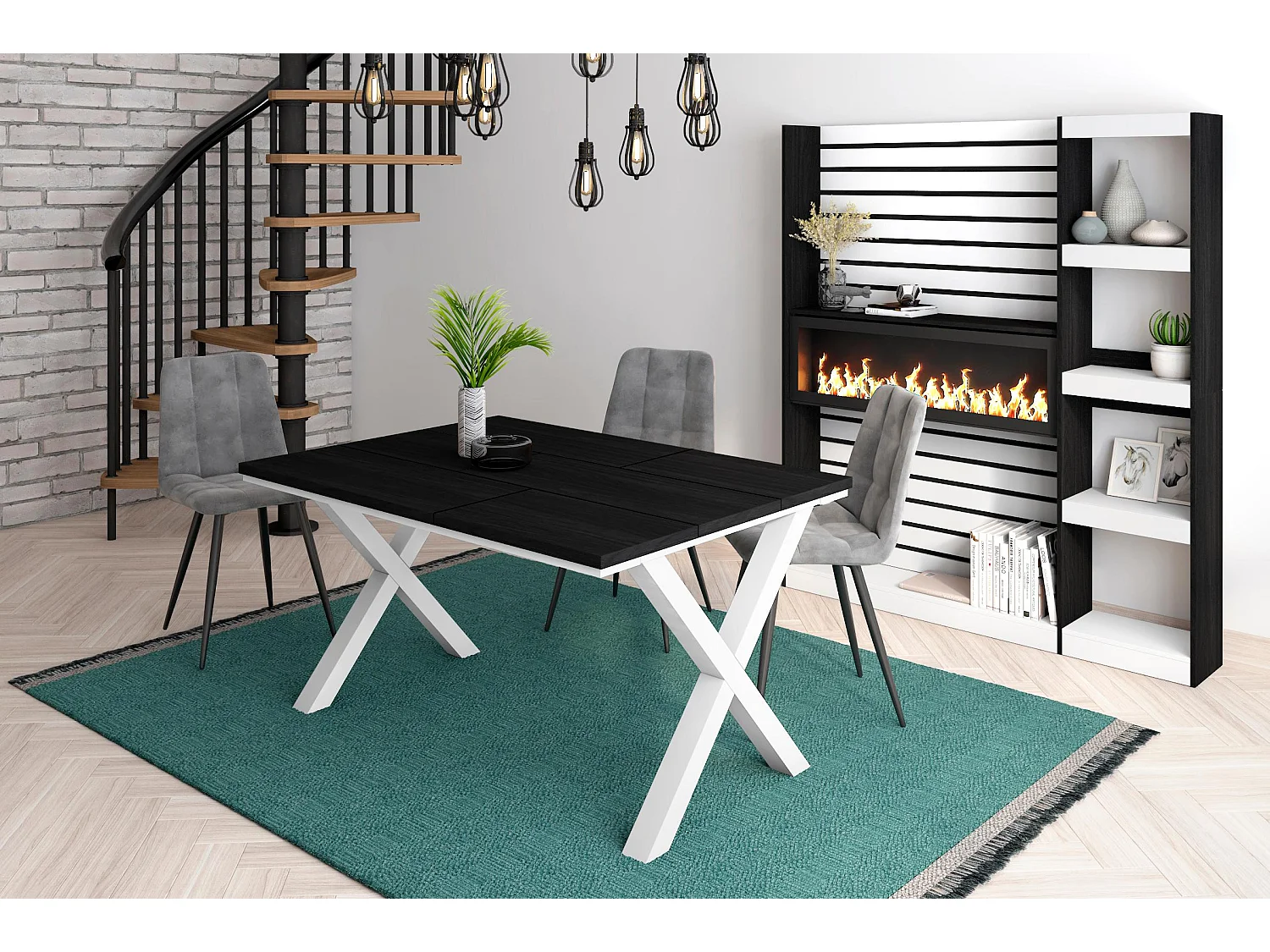 Mesa de sala de jantar, 6 pessoas, 140x90x75cm, Robusto e estável graças à sua estrutura e pernas sólidas, Preto, Estilo industrial