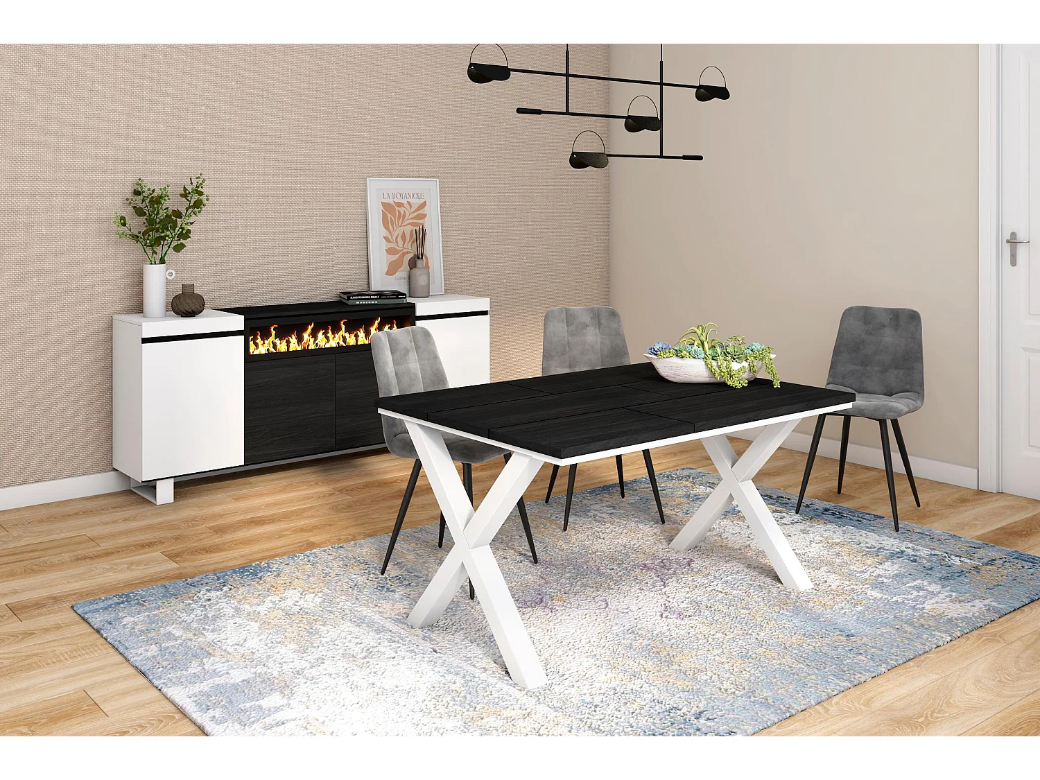 Mesa de sala de jantar, 6 pessoas, 140x90x75cm, Robusto e estável graças à sua estrutura e pernas sólidas, Preto, Estilo industrial