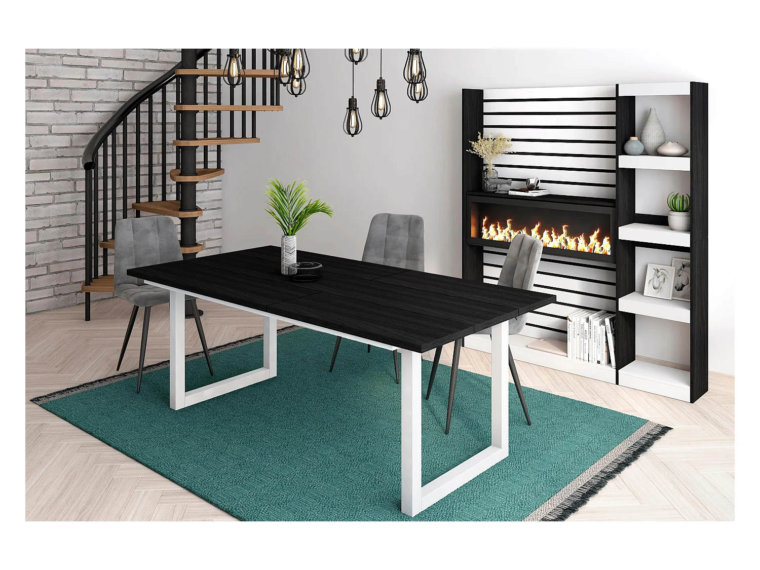 Table à manger, 10 personnes, 194x90x75cm, Robuste et stable grâce à sa structure et aux pieds solides, Noir, Style industriel