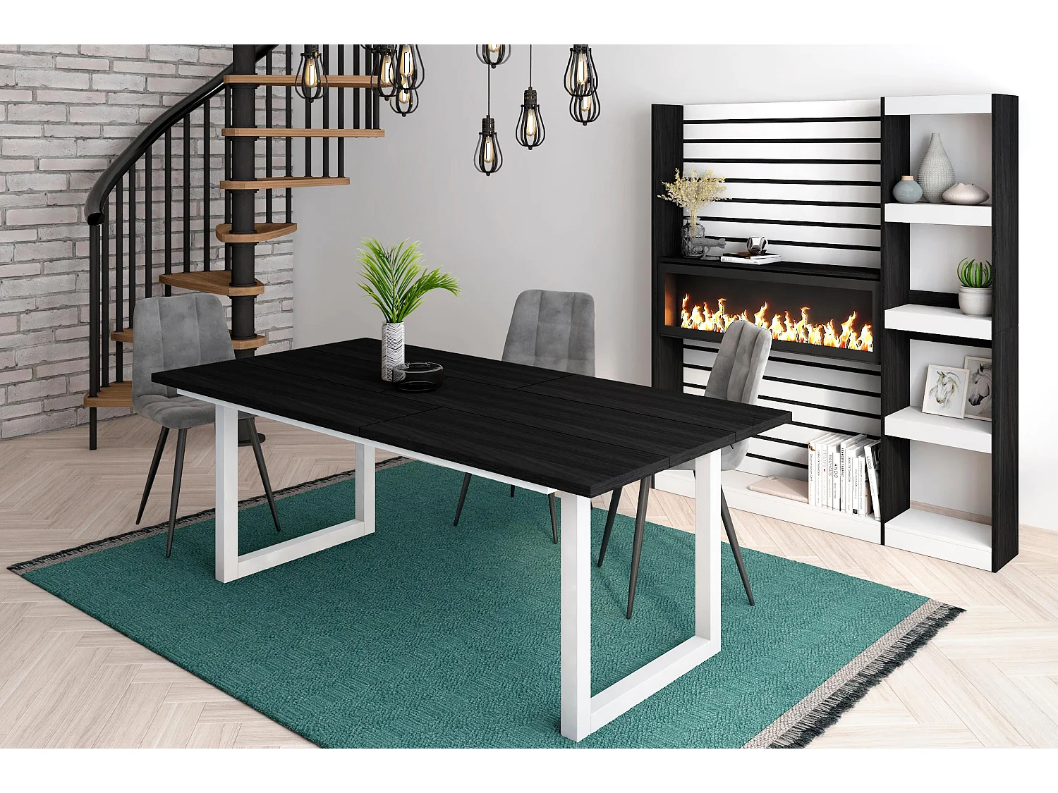 Table à manger, 10 personnes, 194x90x75cm, Robuste et stable, Noir, Style industriel