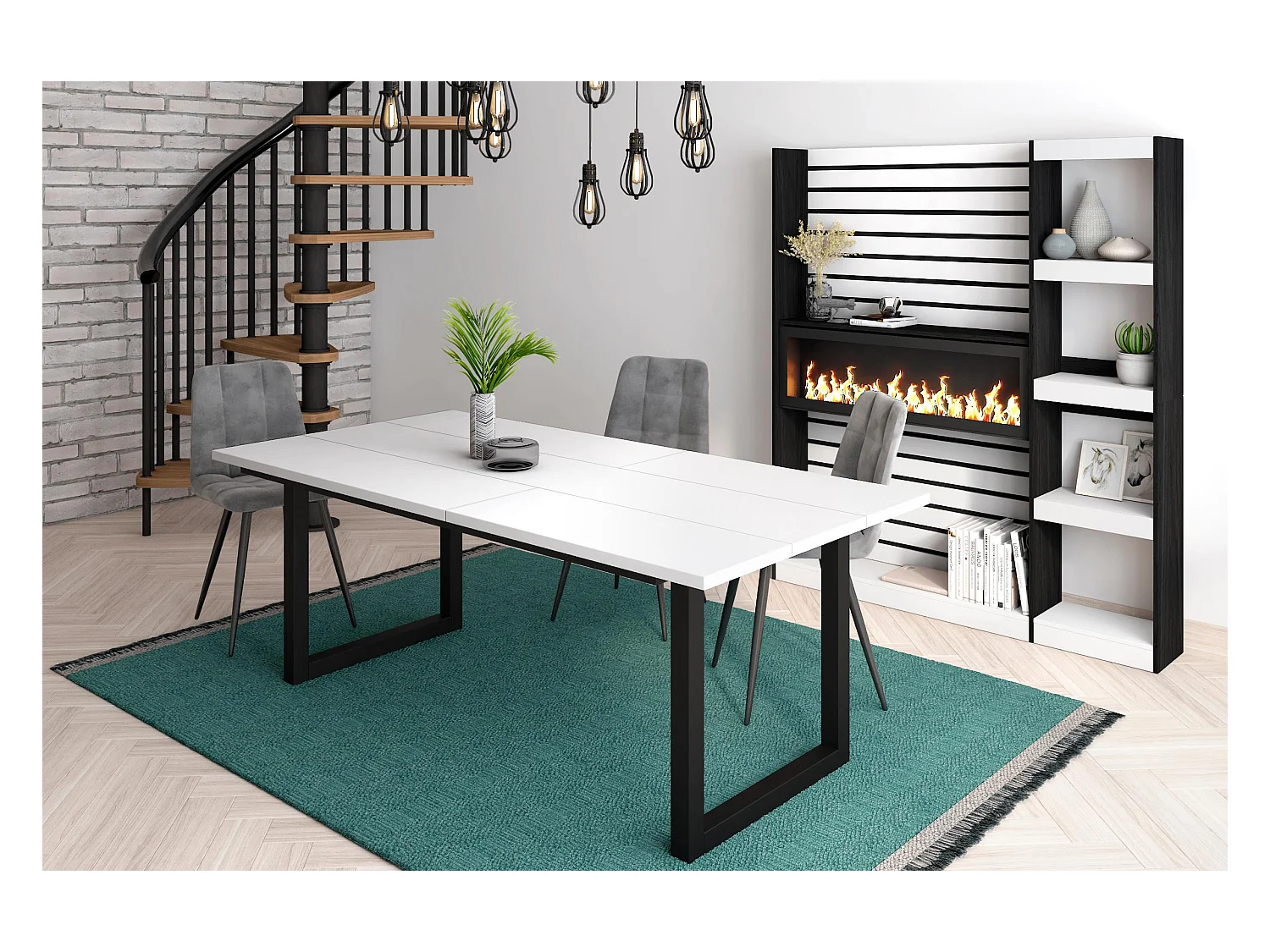 Mesa de Comedor, 10 Comensales, 194x90x75cm, Robusta y estable gracias a su estructura y patas macizas, Blanco, Estilo Industrial