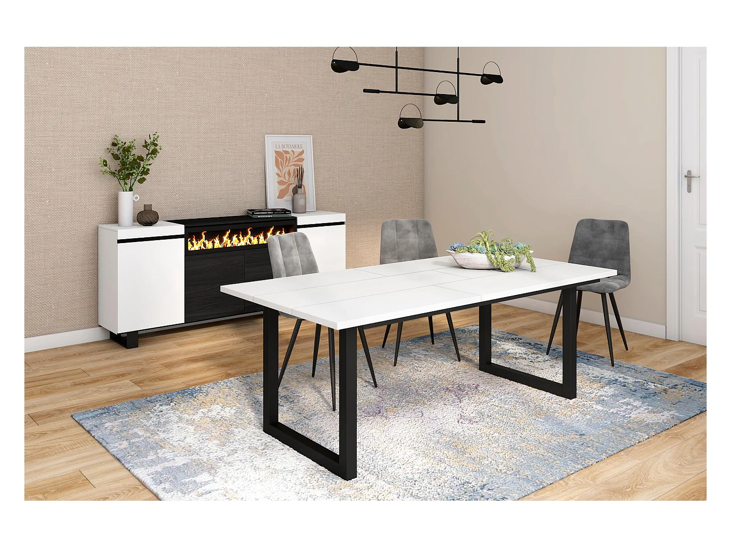 Mesa de Comedor, 10 Comensales, 194x90x75cm, Robusta y estable gracias a su estructura y patas macizas, Blanco, Estilo Industrial