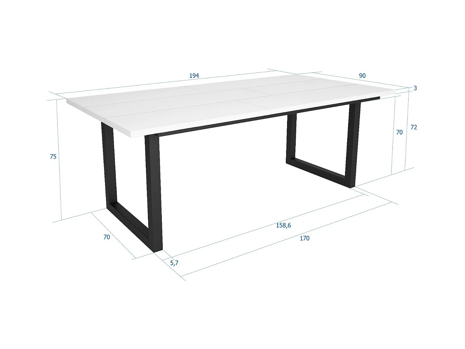 Mesa de Comedor, 10 Comensales, 194x90x75cm, Robusta y estable gracias a su estructura y patas macizas, Blanco, Estilo Industrial