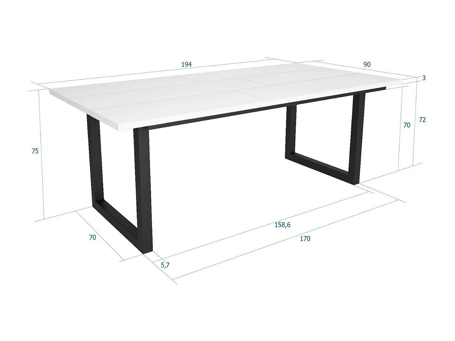 Esstische, 10 personen, 194x90x75cm, Robust und stabil dank seiner Struktur und solide Beine, Weiß, Industrielles Stil