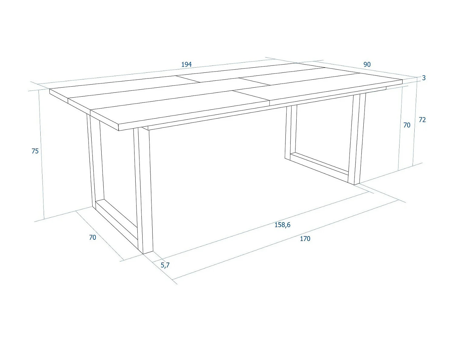 Esstische, 10 personen, 194x90x75cm, Robust und stabil dank seiner Struktur und solide Beine, Weiß, Industrielles Stil
