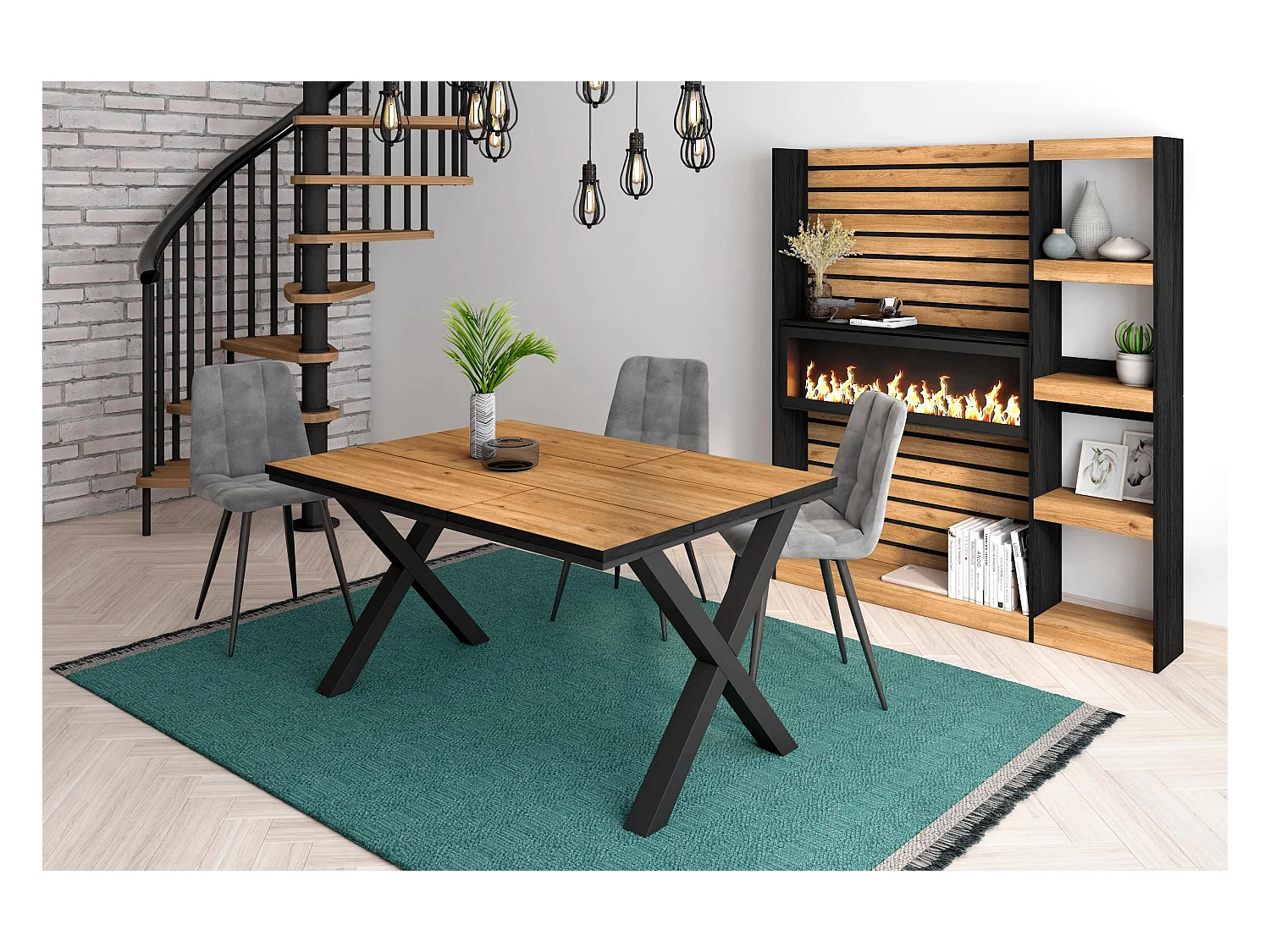 Table à manger, 6 personnes, 140x90x75cm, Robuste et stable grâce à sa structure et aux pieds solides,  Chêne et noir, industriel