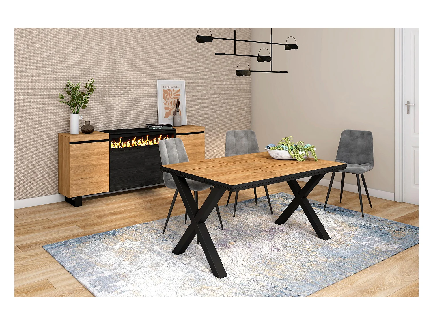 Table à manger, 6 personnes, 140x90x75cm, Robuste et stable grâce à sa structure et aux pieds solides,  Chêne et noir, industriel