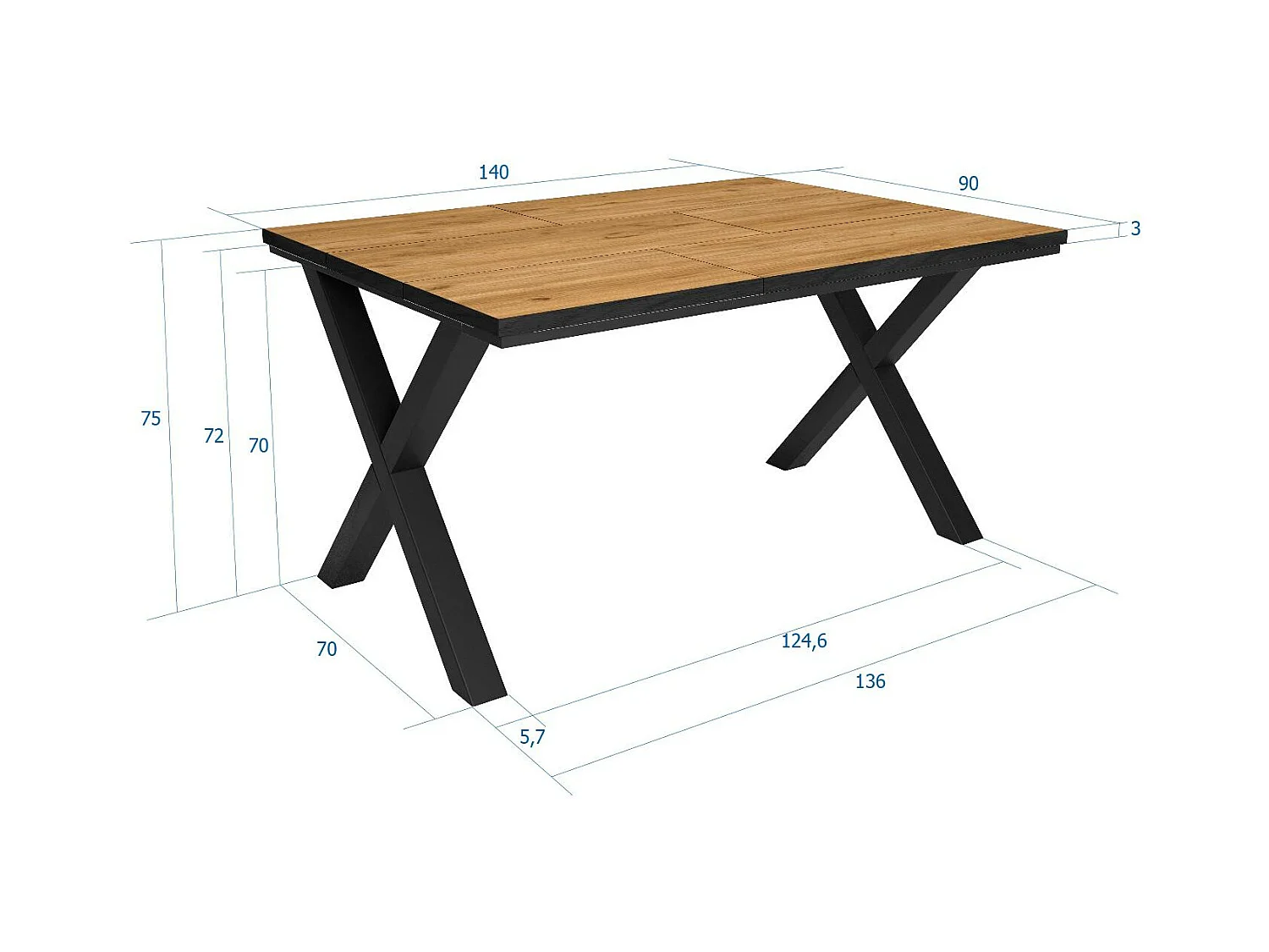 Table à manger, 6 personnes, 140x90x75cm, Robuste et stable grâce à sa structure et aux pieds solides,  Chêne et noir, industriel