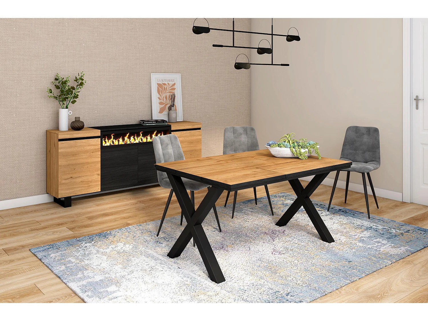 Esstische, 6 personen, 140x90x75cm, Robust und stabil dank seiner Struktur und solide Beine, Eiche und schwarze , Industrielles Stil