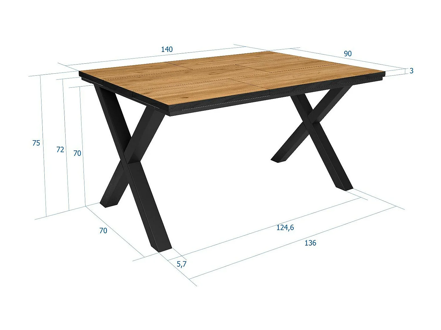 Esstische, 6 personen, 140x90x75cm, Robust und stabil dank seiner Struktur und solide Beine, Eiche und schwarze , Industrielles Stil