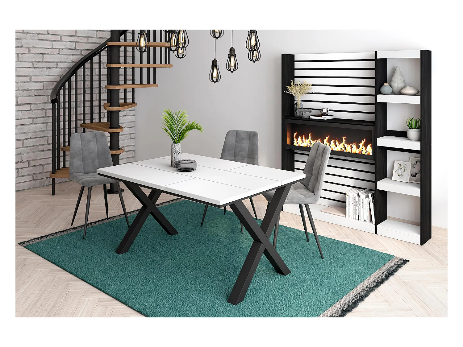 Eettafel, 6 personen, 140x90x75cm, Robuust en stabiel dankzij zijn structuur en solide poten, Wit, Industriële stijl