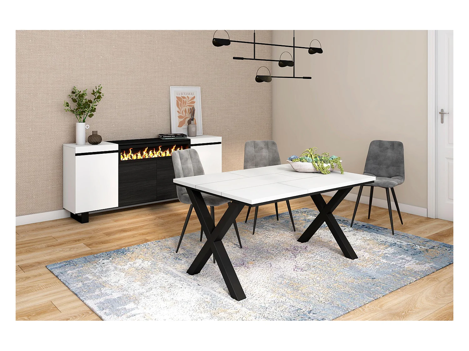 Eettafel, 6 personen, 140x90x75cm, Robuust en stabiel dankzij zijn structuur en solide poten, Wit, Industriële stijl