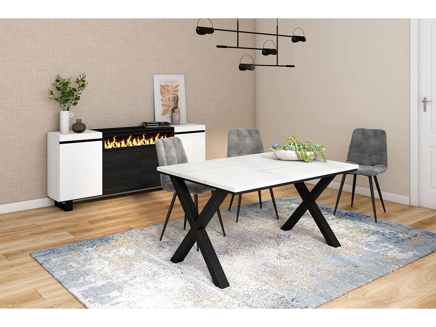 Eettafel, 6 personen, 140x90x75cm, Robuust en stabiel dankzij zijn structuur en solide poten, Wit, Industriële stijl