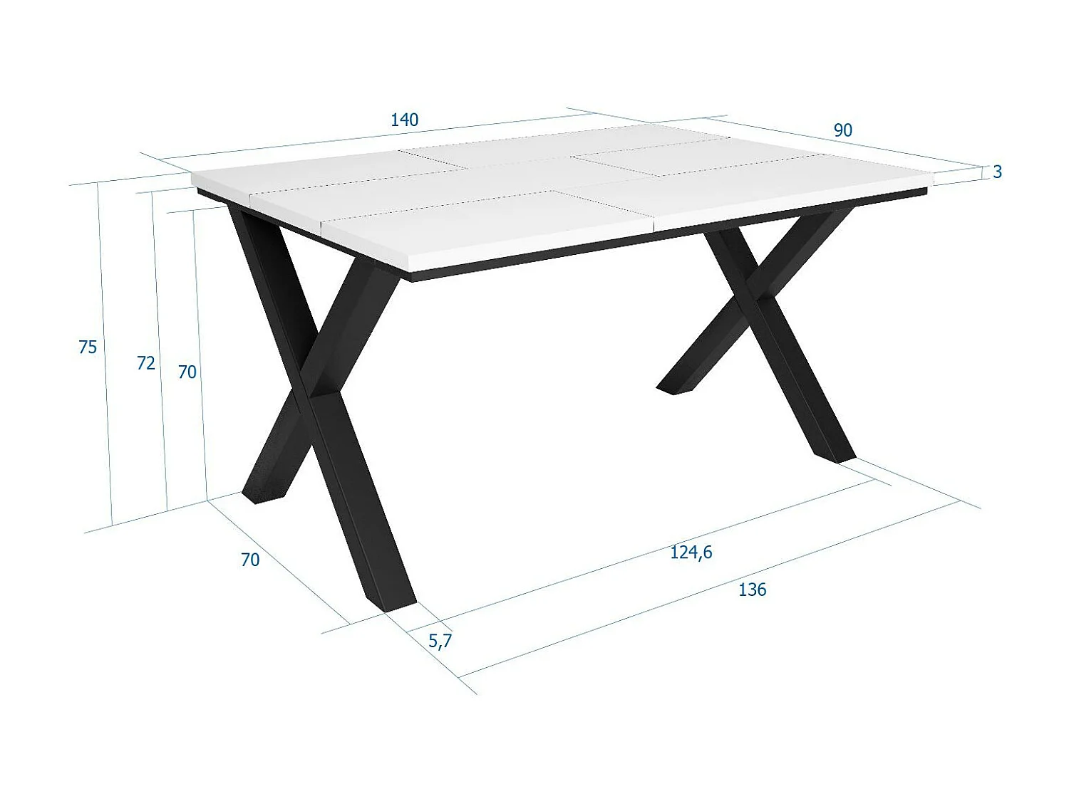 Eettafel, 6 personen, 140x90x75cm, Robuust en stabiel dankzij zijn structuur en solide poten, Wit, Industriële stijl