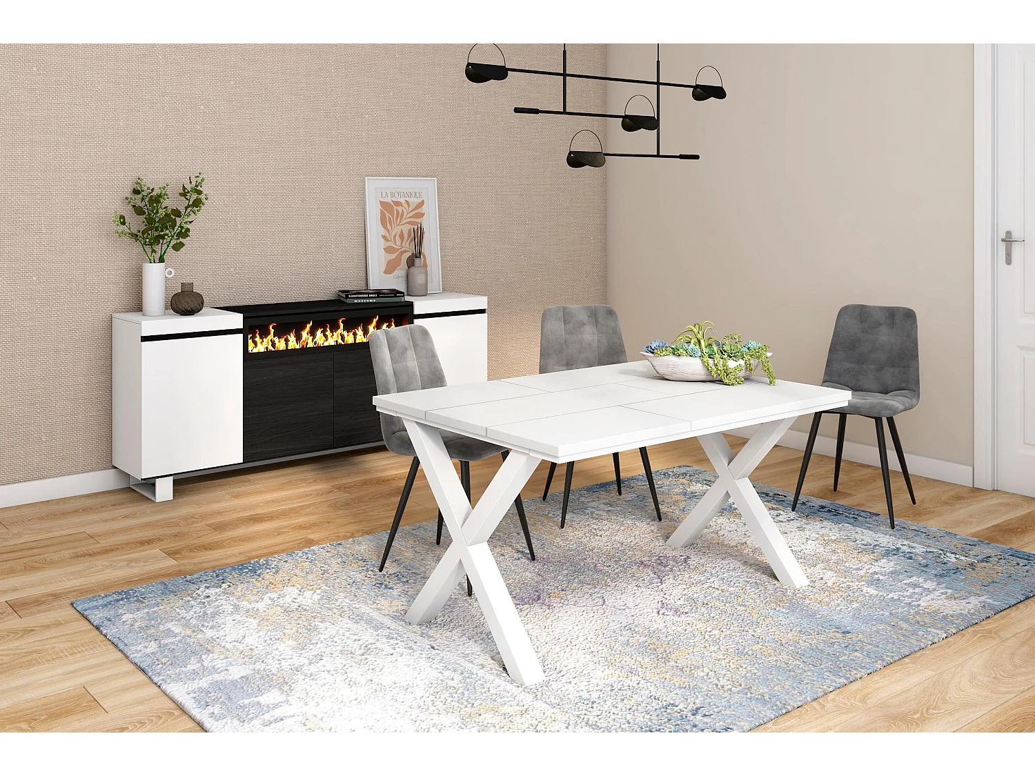 Table à manger, 6 personnes, 140x90x75cm, Robuste et stable grâce à sa structure et aux pieds solides, Blanc, Style industriel