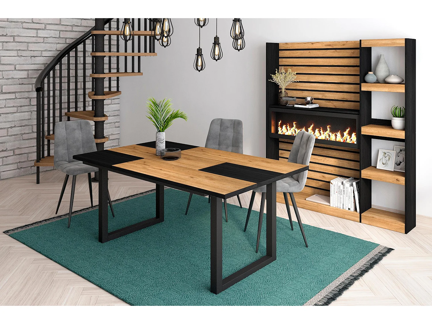 Eettafel, 8 personen, 167x90x75cm, Robuust en stabiel dankzij zijn structuur en solide poten, Eik en zwart, Industriële stijl