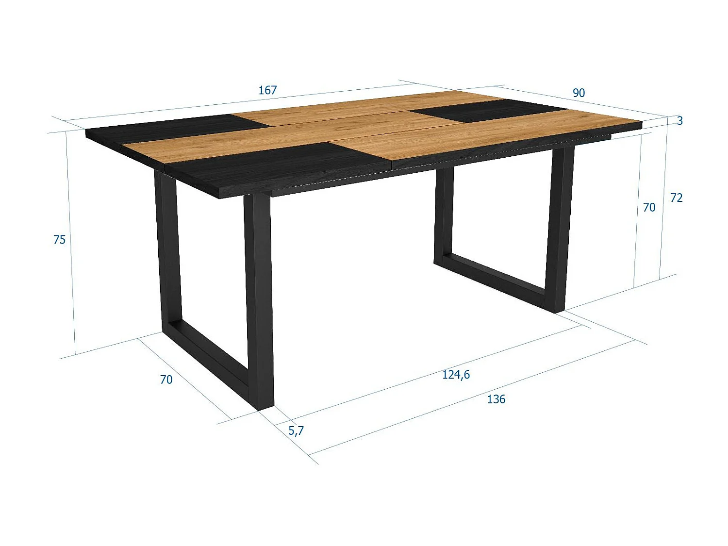 Eettafel, 8 personen, 167x90x75cm, Robuust en stabiel dankzij zijn structuur en solide poten, Eik en zwart, Industriële stijl