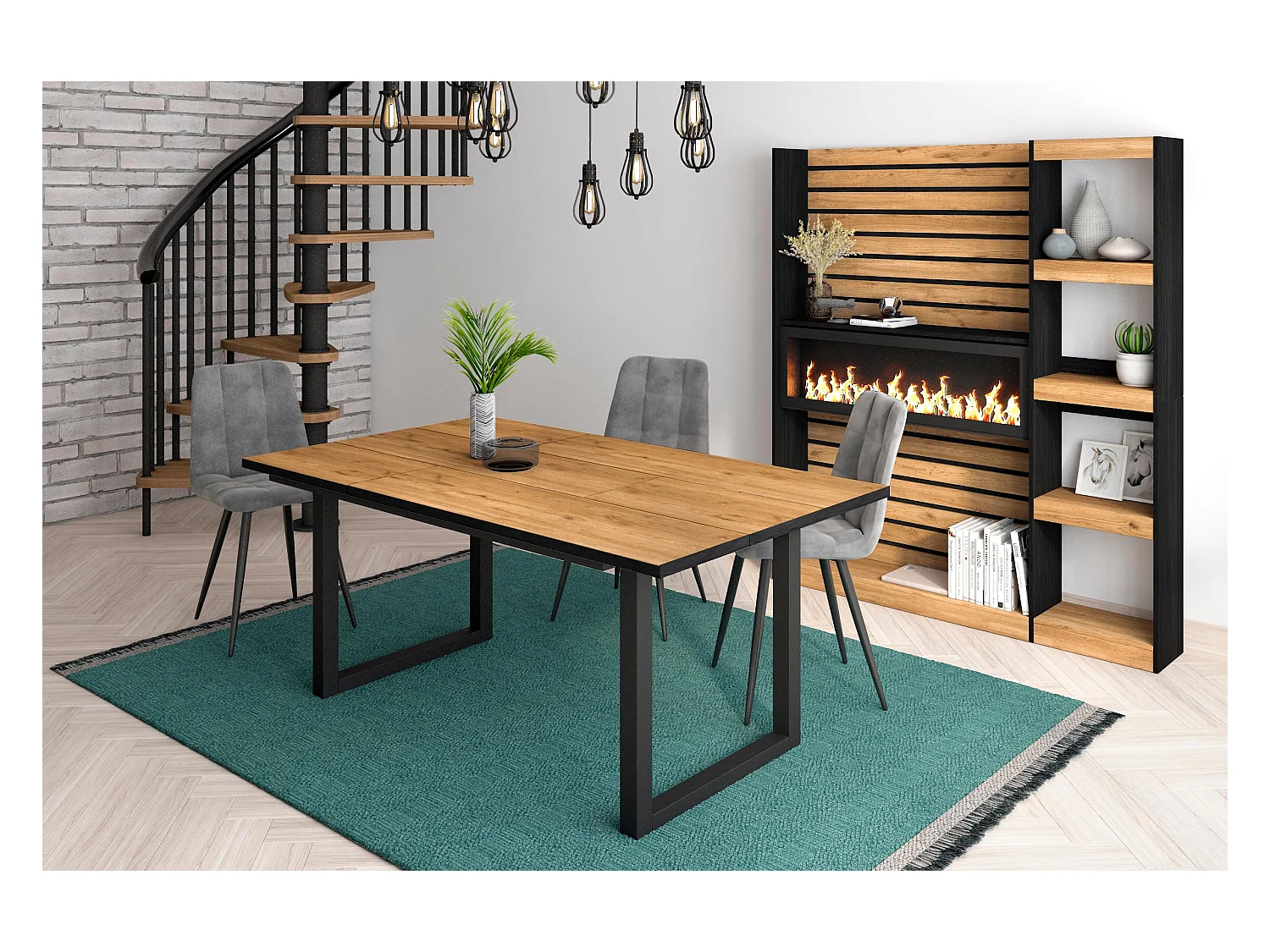 Mesa de Comedor, 8 Comensales, 167x90x75cm, Robusta y estable gracias a su estructura y patas macizas, Roble y Borde Negro, Industrial